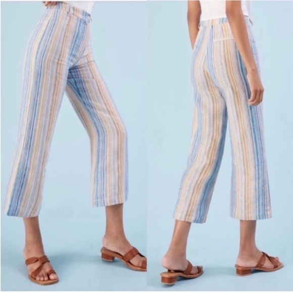Reformation Tahiti Linen Ankle Crop Mid Rise Stripe Print Pattern Pants Sz 6 - Picture 2 of 13